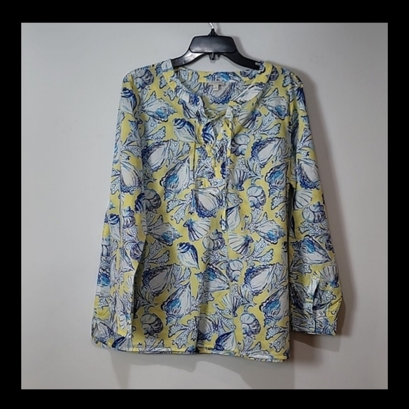 Talbots Yellow w/Blue Sea Shells Tunic Style Blouse. Size Lp 100% Cotton V-neck - Picture 4 of 17